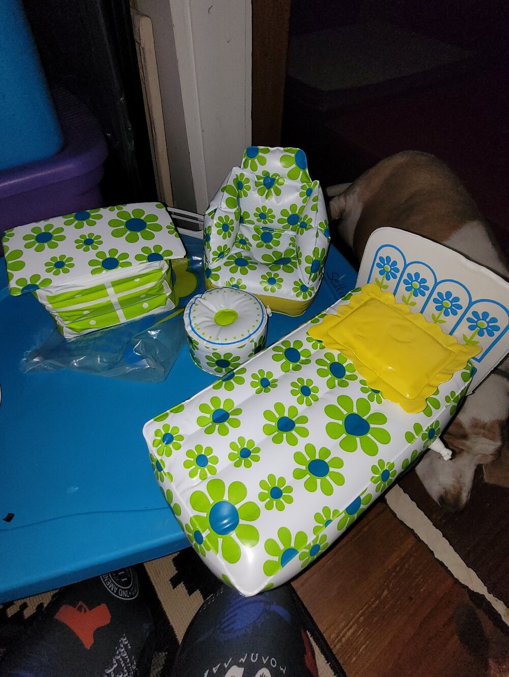Vintage Early 1980s Puff N Play Green & Blue Floral Doll Bed Set Barbie Size
